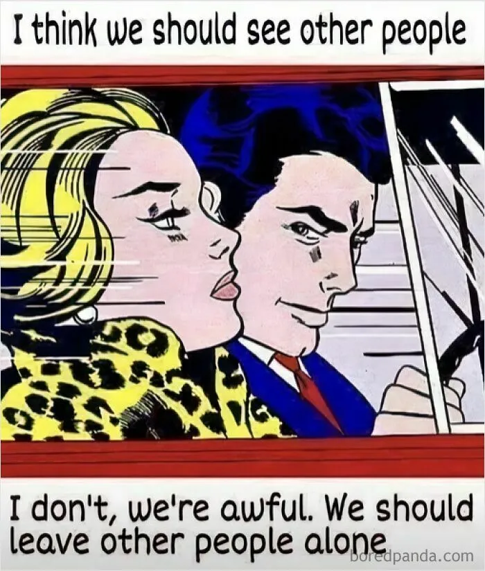 Comic-style mental health meme with a couple deciding to leave others alone instead of socializing.