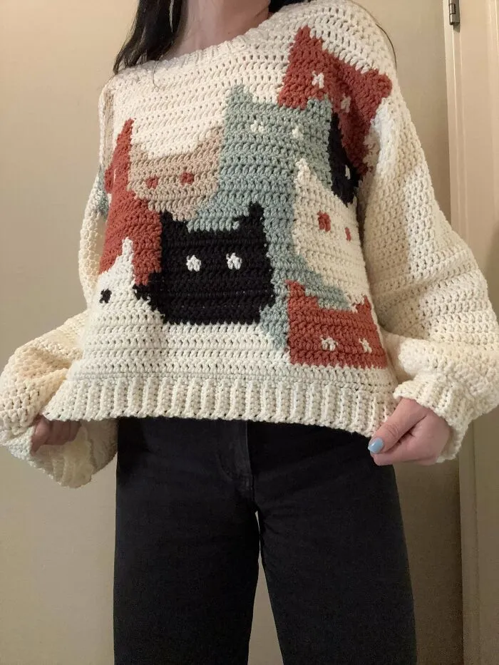 Handmade crochet sweater featuring multiple colorful cat patterns, showcasing incredible creativity by crochet enthusiasts.