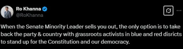 Screenshot of a Twitter post by Ro Khanna discussing political activism and defending democracy amid a political challenge.