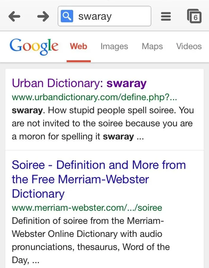 Google search for "swaray" shows passive-aggressive Urban Dictionary result on spelling mistakes.