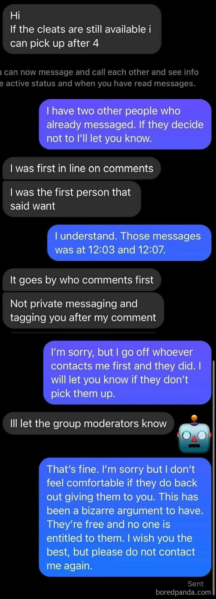 Just Trying To Get Rid Of Some Cleats On My Local Buy Nothing Group And This Entitled Person Flipped That I Responded To The First Responses I Got, Whether Message Or Comment