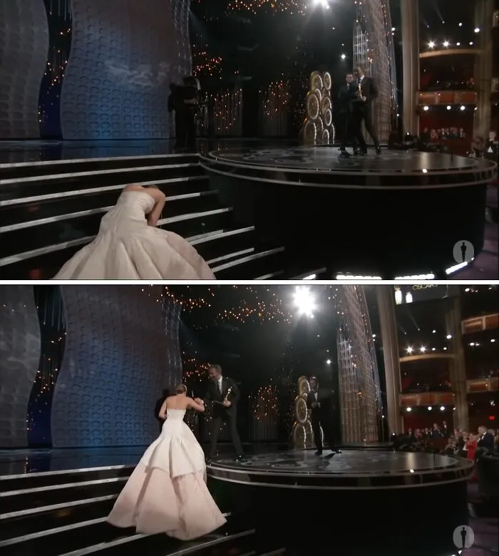 Jennifer Lawrence Stumbled And Fell While Climbing The Stairs To Accept Her Best Actress Award At The 2013 Oscars