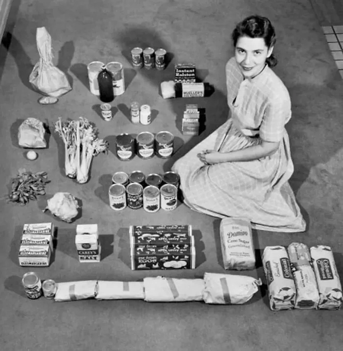 Housewife Poses With A Weeks’ Worth Of Groceries In 1947