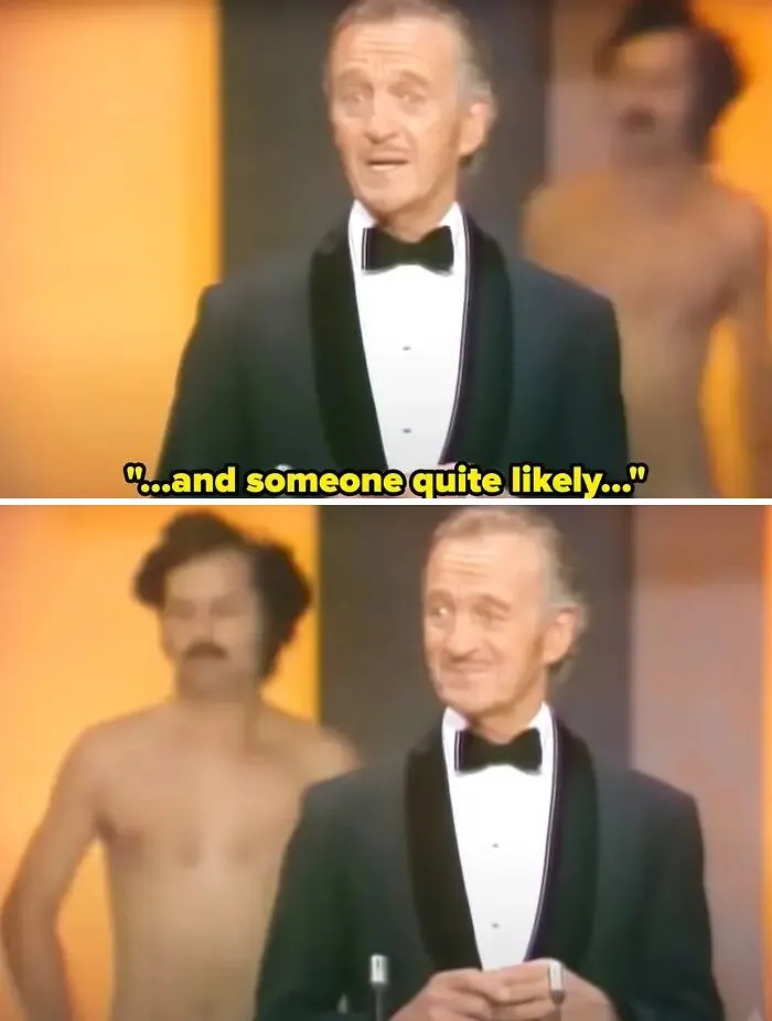 Host David Niven Gets A Surprise While Introducing Elizabeth Taylor At The 46th Academy Awards