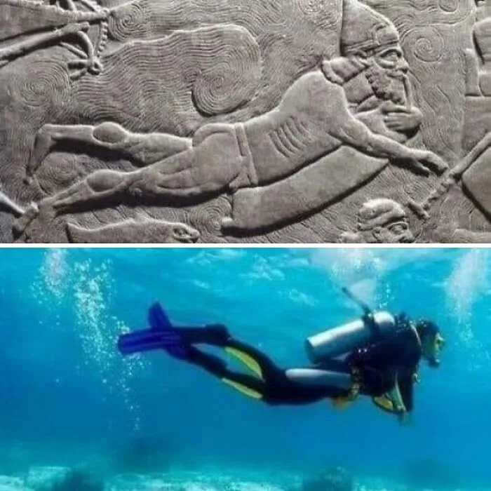 The Oldest Known Image Of An Assyrian Soldier, Dating Back 3,000 Years, Shows Him Diving Beneath A River Using An Inflatable Goatskin Bag!