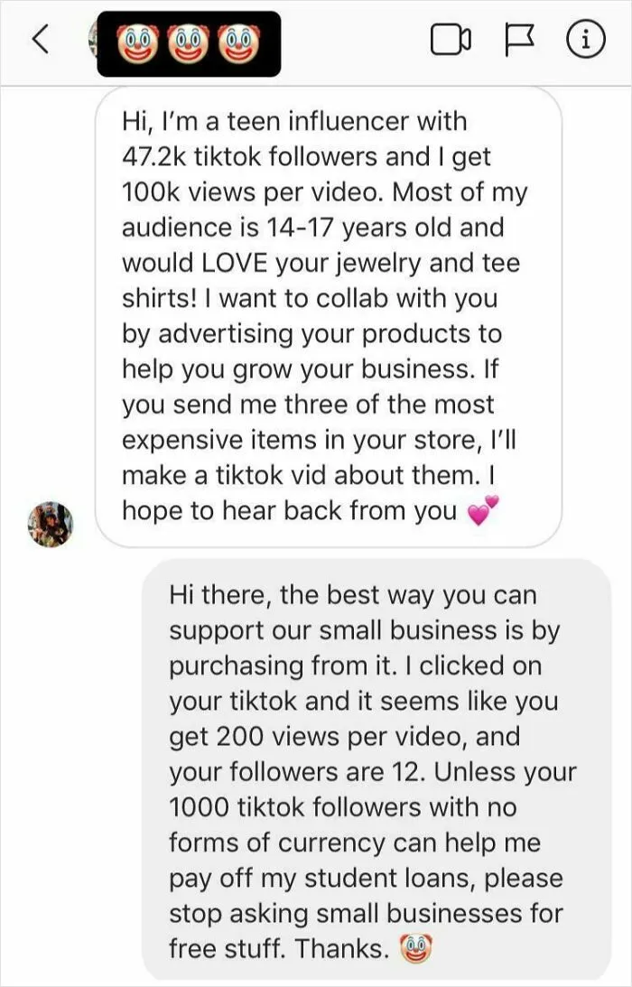 I Get A Lot Of Dms Daily From Teen TikTok “Stars” Asking For Free Stuff From My Business, And Here’s An Example
