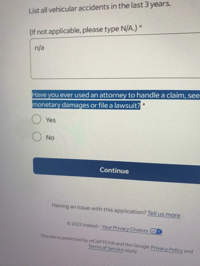 Job application screen asking about attorney use for claims or lawsuits, showing options yes or no.
