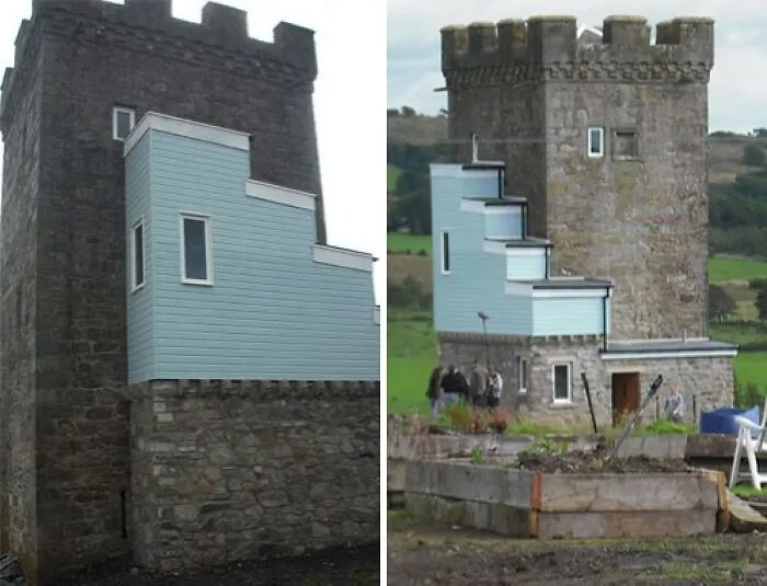 Las tristes renovaciones realizadas en 2012 en la Torre Caldwell del siglo XVI en Escocia. La ampliación aún se conserva.