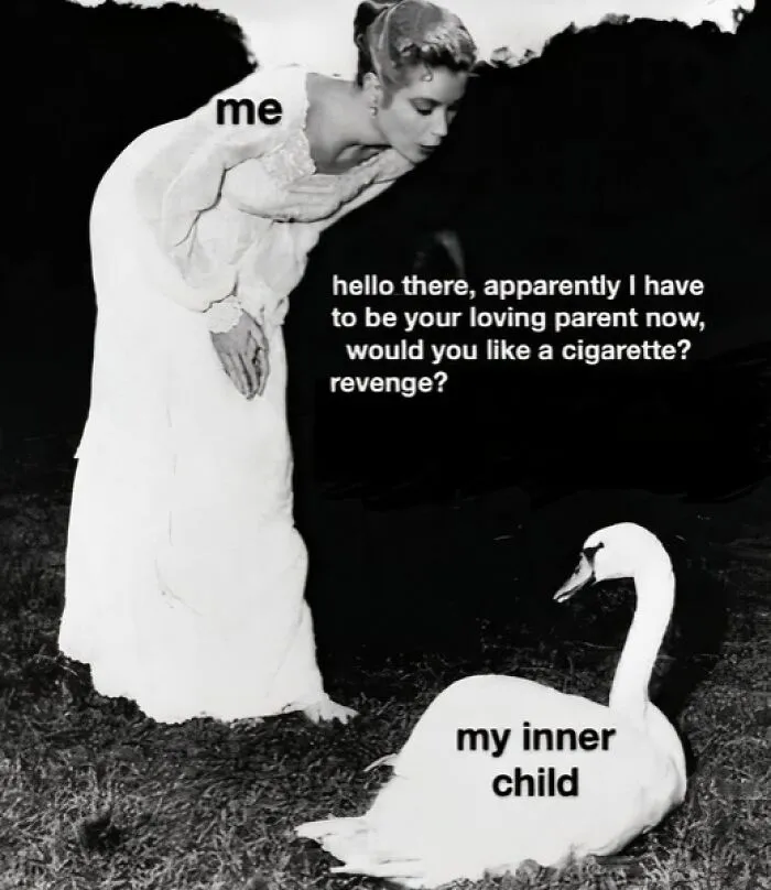 A woman labeled "me" talks to a swan labeled "my inner child" in a humorous mental health meme.