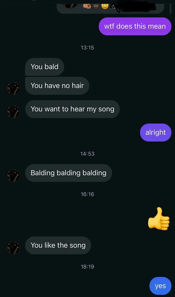Text message exchange with toxic nice girls behavior, repeating insults and insisting on sharing a song despite confusion.