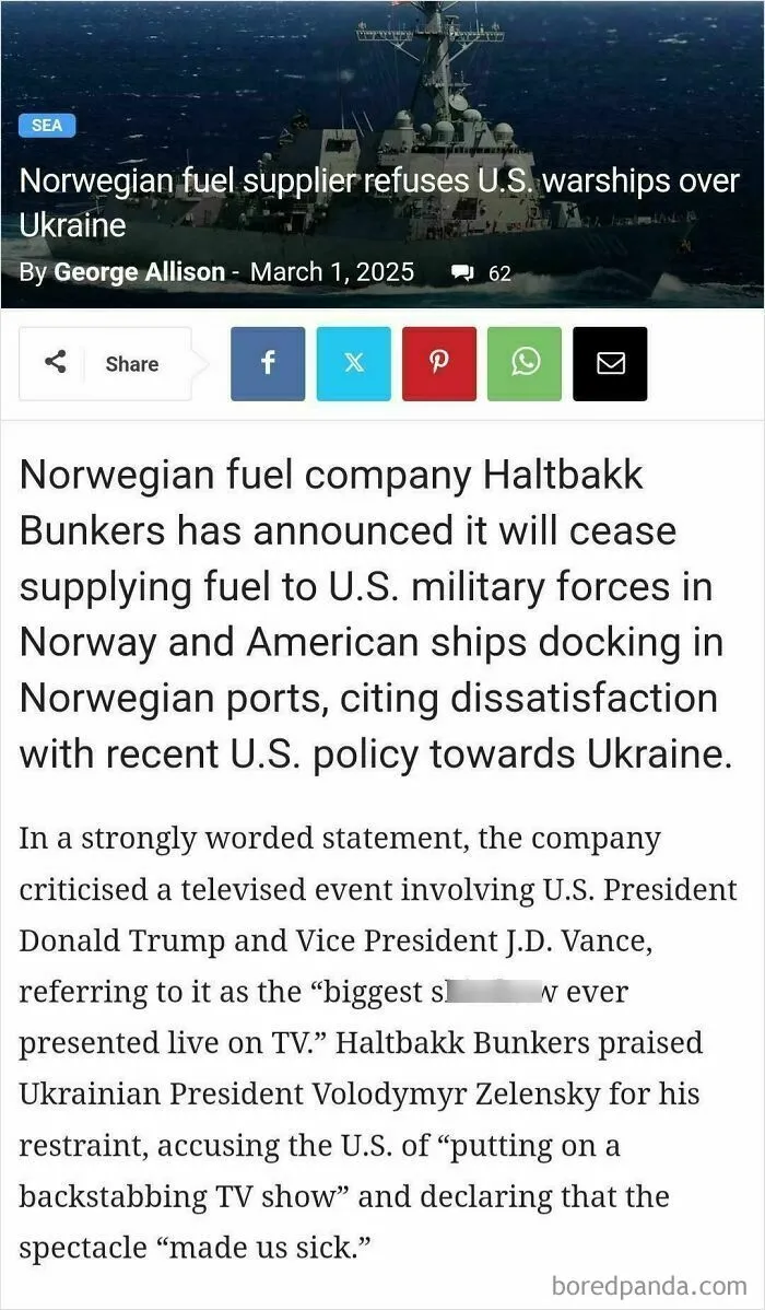 To Isolate &amp; Belittle Ukraine. One Of Norway's Largest Marine Fuel Companies Just Announced That They Will No Longer Refuel Us Navy Vessels After Trump’s Treatment Of Zelensky