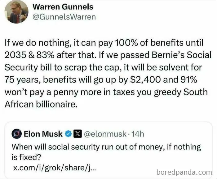 By Elon Musk To Indirectly Suggest That Social Security Is “Running Out Of Money.”