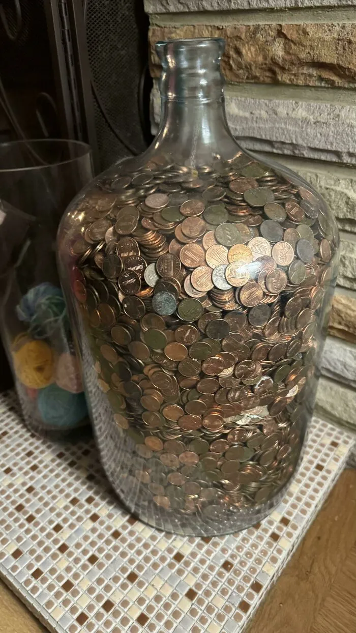 Old Glass Water Jug Full Of Pennies I Found At My Grandparents House