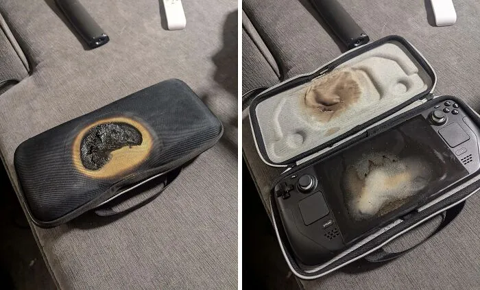 Mi esposa y yo nos fuimos de vacaciones y ella le pidió a mi cuñado que alimentara a la tortuga. Él puso la lámpara de calor sobre la steam deck en su funda por alguna razón, y se olvidó de devolverla a su lugar.