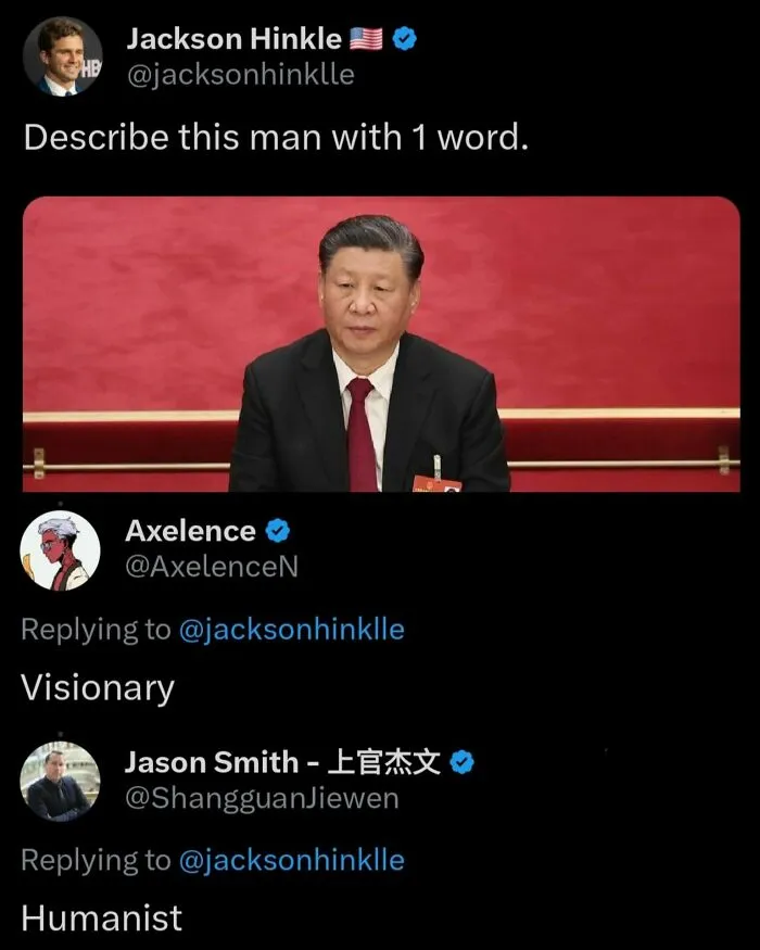 Man in suit on stage with social media comments discussing him using single-word descriptions.