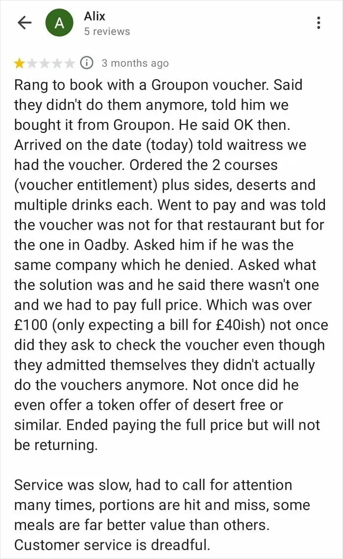 Karen Leaves 1 Star Review After Trying To Use Voucher For A Different Restaurant