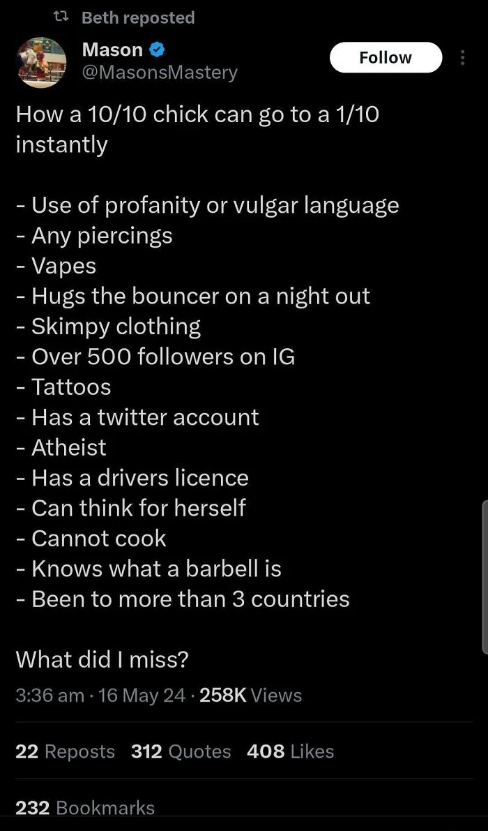 A tweet listing traits that allegedly lower women's appeal, highlighting misconceptions about how girls work.