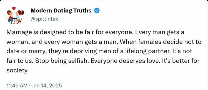 A social media post expressing a controversial view on relationships and marriage dynamics.