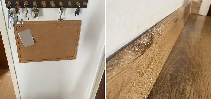 Tablero de corcho y zócalo de madera mostrando el desgaste por el tiempo.