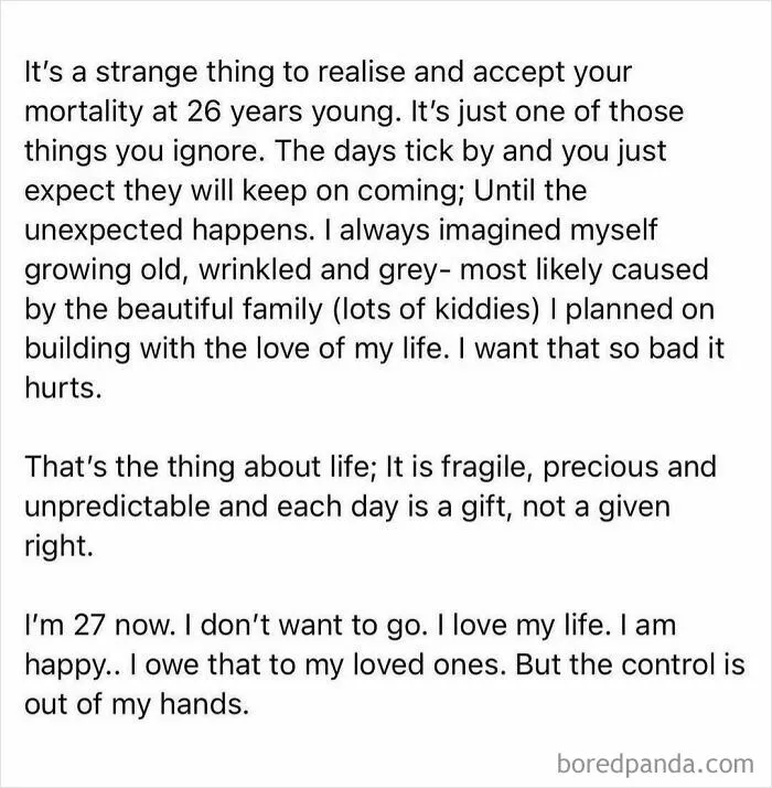 Text about appreciating life and mortality at 27, acknowledging its fragility and the importance of loved ones.
