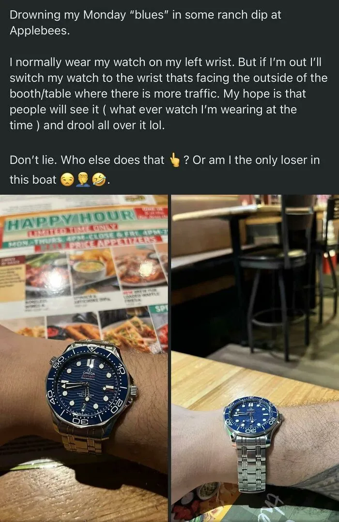 Person showing off a watch at Applebee's, illustrating cringe-worthy behavior.