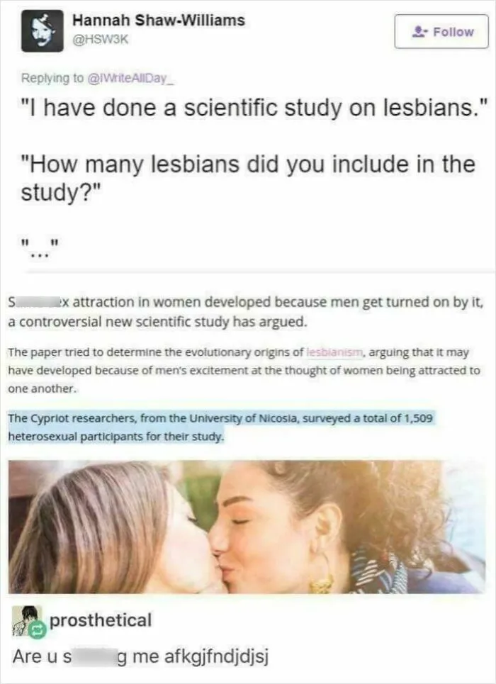 Text post challenges research on same-sex attraction in women; two women kissing below.