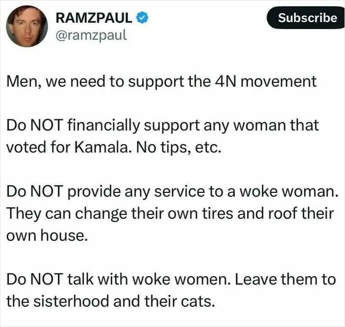 Text mocking 'how girls work' concept, advocating withdrawal of support from women, referencing voting and 'woke' notions.