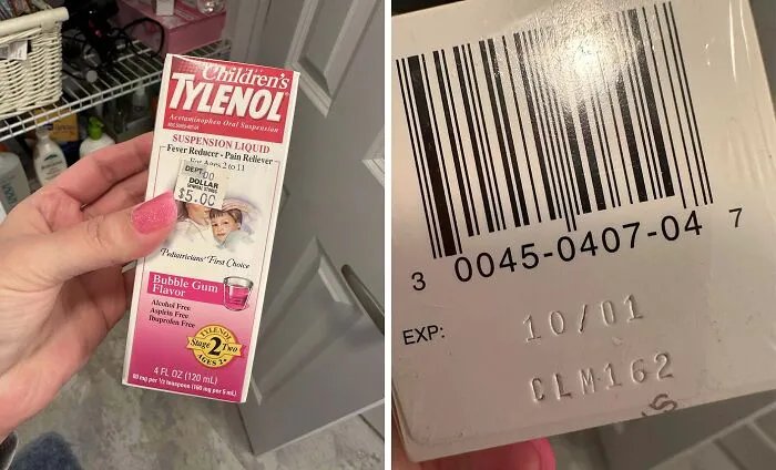 Mano sostiene caja de Tylenol infantil con fecha de caducidad de hace años.