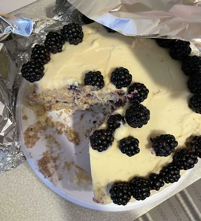 Tarta de moras parcialmente comida, símbolo de familia política insoportable.