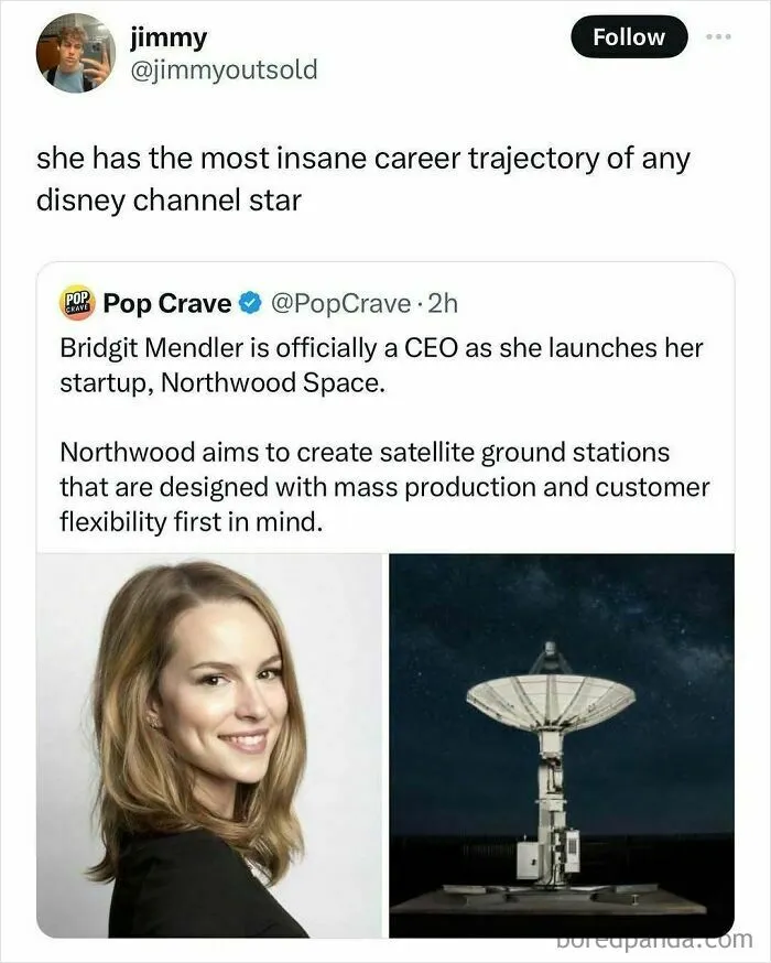 "Wholesome post: CEO launch of satellite startup Northwood Space by former Disney star."