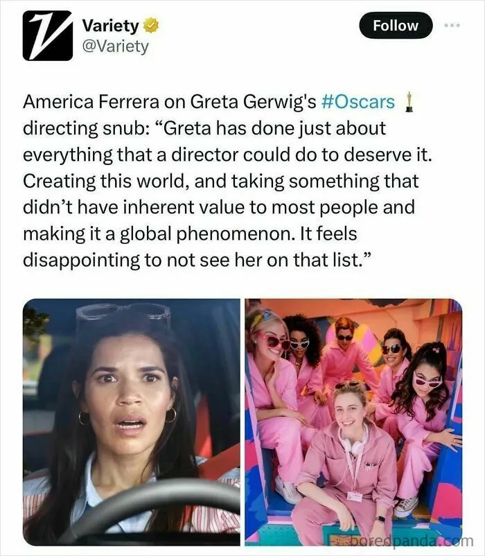 Variety tweet on Oscars snub with America Ferrera and group photo of people in pink outfits.