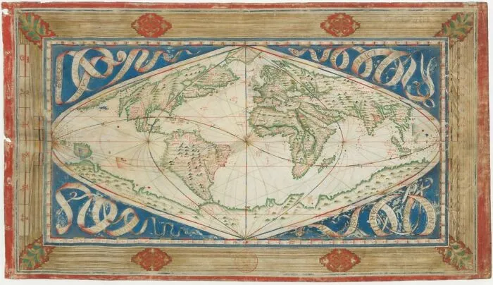 Cosmographical Map Or Universal Description Of The World With The Actual Path Of The Winds, 1570