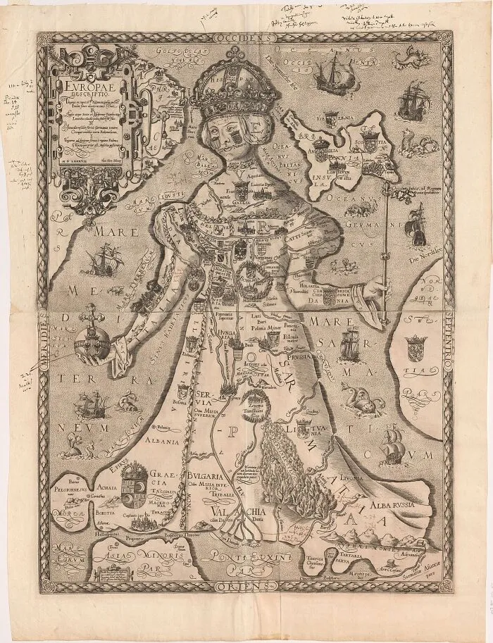 Map Of Europe In The Form Of A Queen, Engraving And Letterpress, 1587