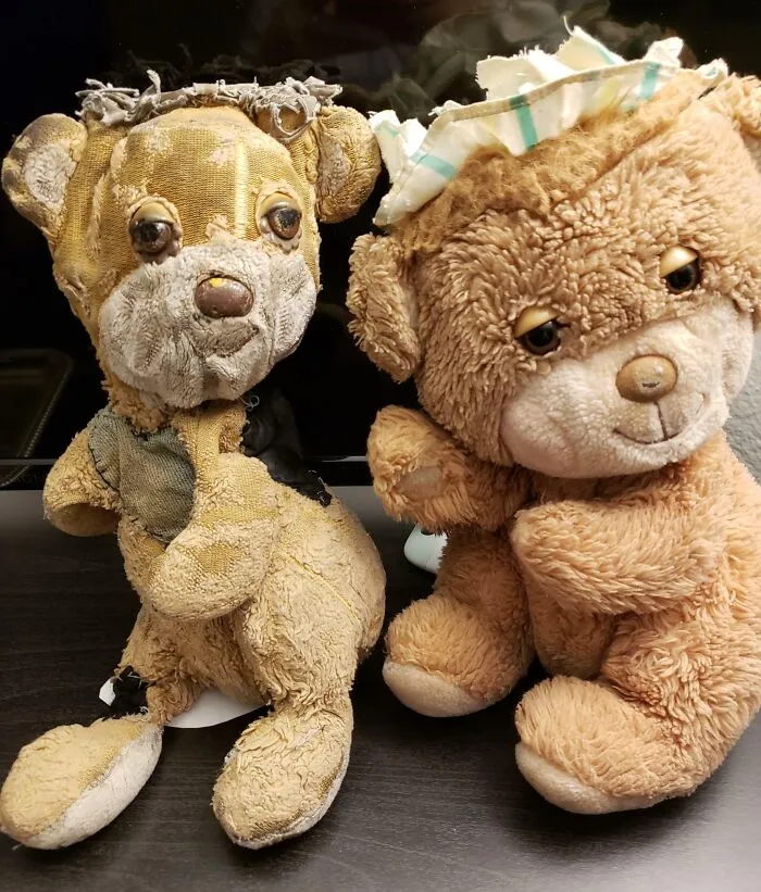 Two teddy bears side by side, one old and worn, the other newer, showing transformation by time and use.