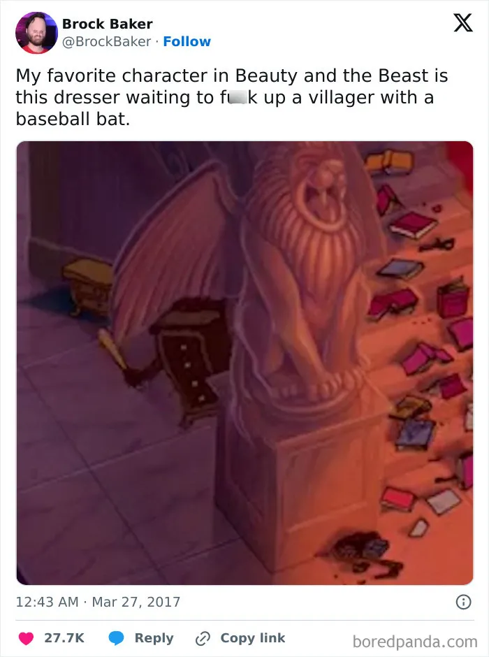 Funny meme of a stone lion in a cluttered room, humorously described as a character from Beauty and the Beast.