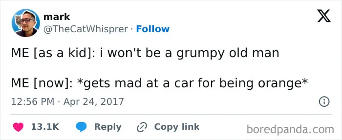 Funny meme about getting grumpy over small things like an orange car.