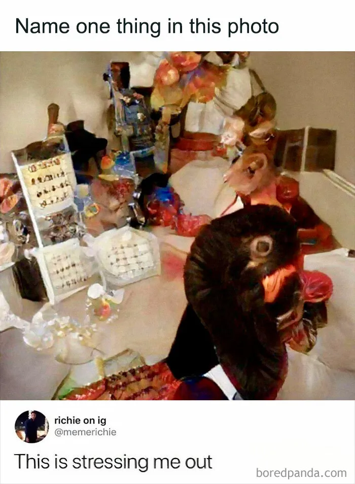 Confusing and chaotic room photo with distorted items, causing stress and visual disorientation.