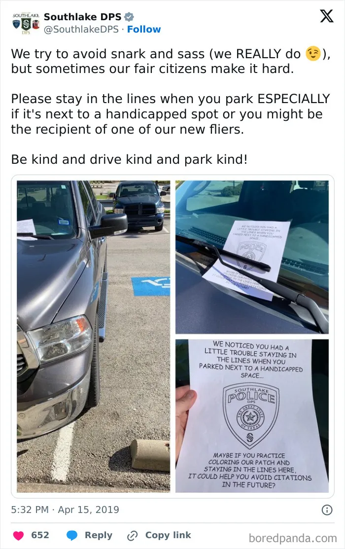 Funny passive-aggressive note from police on windshield about parking within the lines.