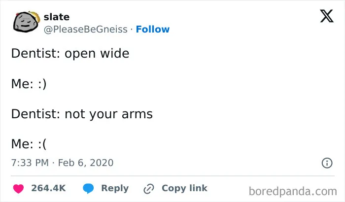 Humorous meme about a dentist visit with a miscommunication on opening wide, featuring emojis for comic effect.