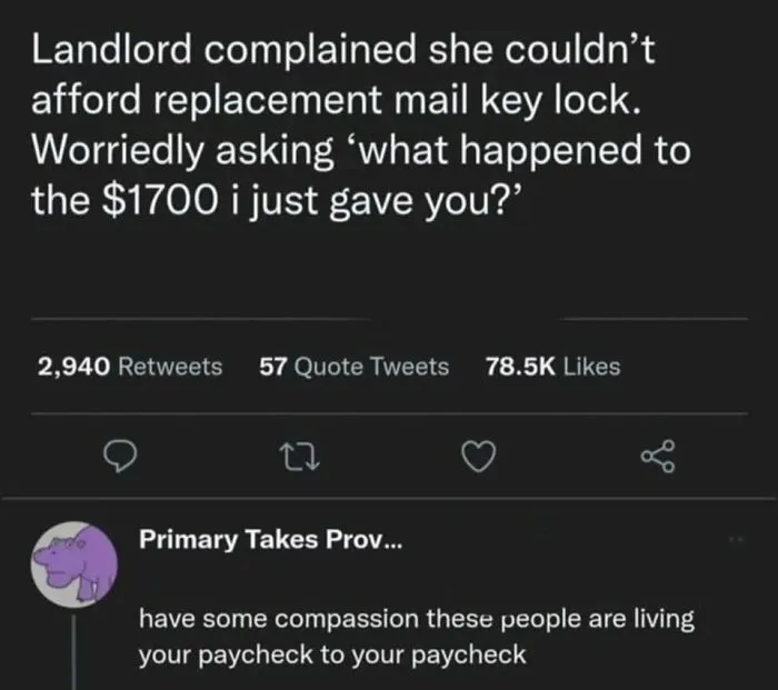 Landlord humor meme text exchange questioning tenant spending, with comments on paycheck dependency, high engagement.