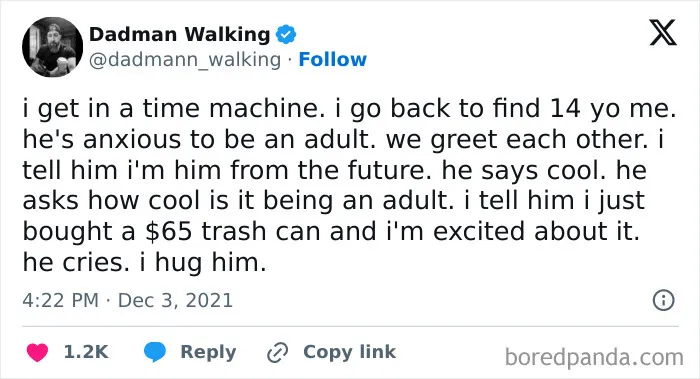 Funny meme about time travel and adulting, where buying a $65 trash can is exciting, leading to an emotional reaction.