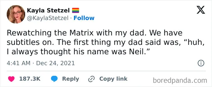 Funny meme about dad misreading "Neo" as "Neil" while watching The Matrix with subtitles.