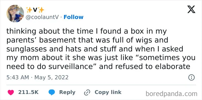 Humorous meme featuring a tweet about finding wigs and sunglasses in a basement, with a funny punchline about surveillance.
