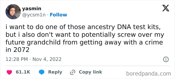 A funny meme about ancestry DNA tests and future grandchild's potential crime.