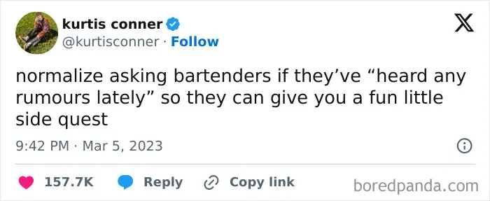 Humorous meme suggesting asking bartenders for rumors to create a fun quest.