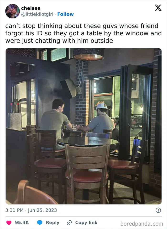 Guys chatting through a window; a humorous moment shared on the Conxfession IG page.