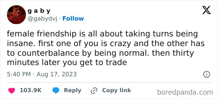 Text post about female friendship humor, highlighting the playful balance of personalities.