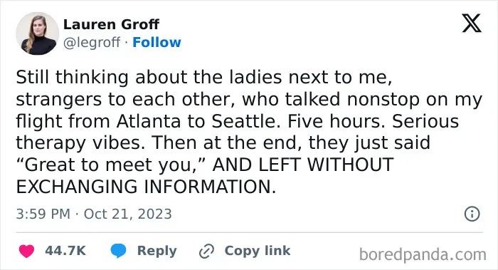 Tweet from Conxfession about two women chatting nonstop on a flight from Atlanta to Seattle, then leaving without exchanging info.