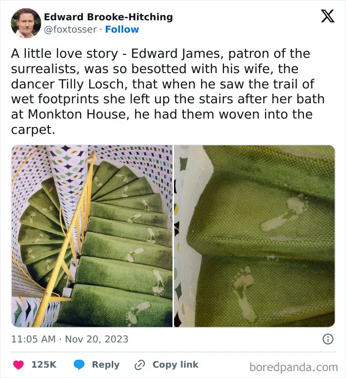 Funny tweet about Edward James weaving footprints into a green carpeted staircase as a tribute to his wife.
