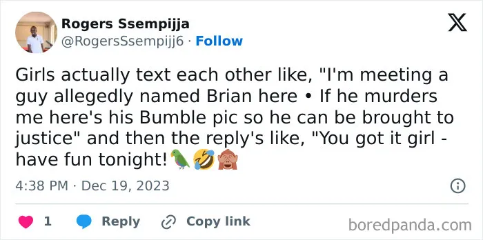 Humorous meme about women's texting habits with friends before a date, featuring witty safety checks and encouragement.